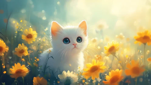 White Cat in Sunflower Field with Blue Eyes
