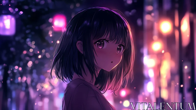 Soft-lit anime girl gazes through neon-tinted night streets.