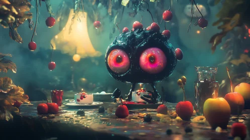 Cherry-eyed creature attends surreal dessert banquet under glow.