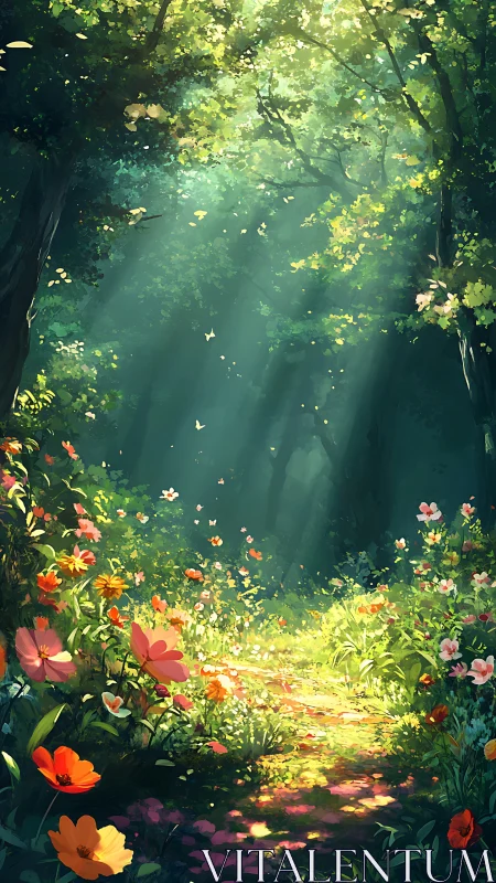 Enchanted Forest Clearing with Sunlit Flowers