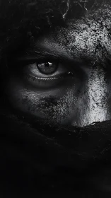 Monochrome warrior gaze in extreme close-up portrait study.
