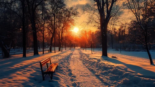 Photorealistic winter park path in low sun backlighting.