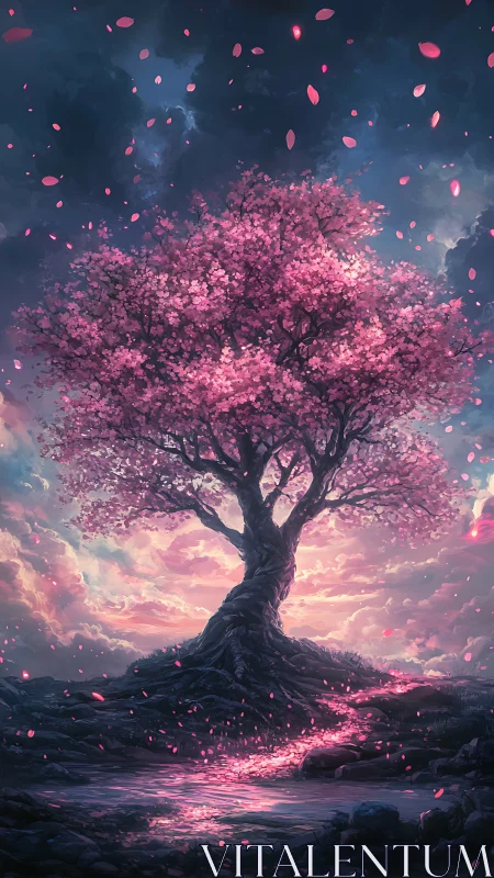 Enchanted cherry blossom tree glows against a stormy dusk sky