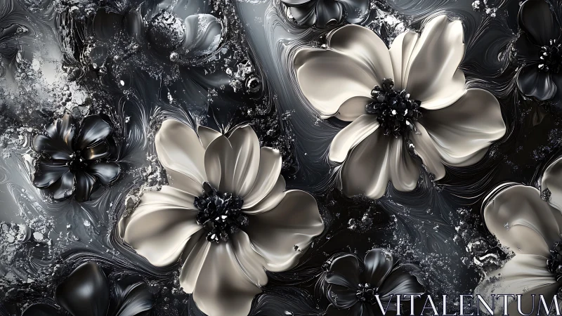 Monochromatic floral composition with liquid surface effects.