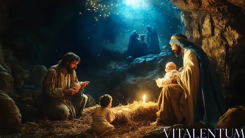 Nativity cave tableau in warm candlelight and celestial glow.