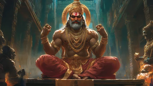 Divine warrior sage seated in glowing temple hall.