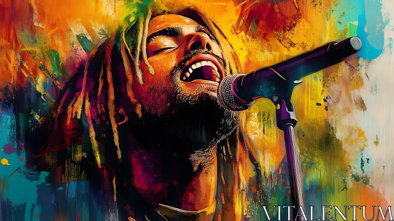 Expressive vocalist in close-up, rendered with dynamic brushwork and neon hues