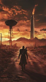 Lone wanderer strolling toward a glowing post‑apocalyptic city.