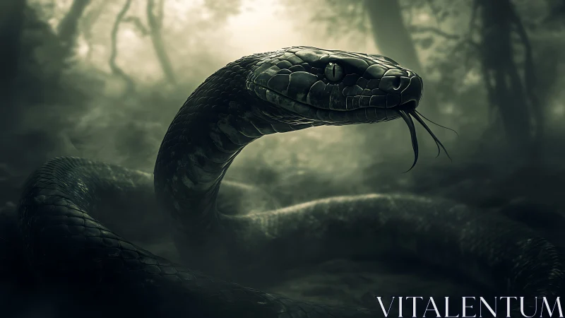 Mist‑crowned serpent sentinel in a haunted emerald jungle.