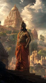 Sunlit warrior-king strides beneath storm-watched temples