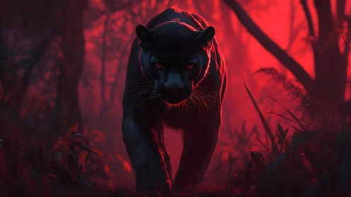 Black Panther in Red Atmospheric Forest Setting