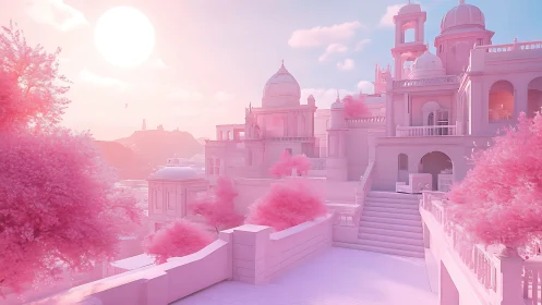 Dreamy pink sunrise over a tranquil cotton candy city.