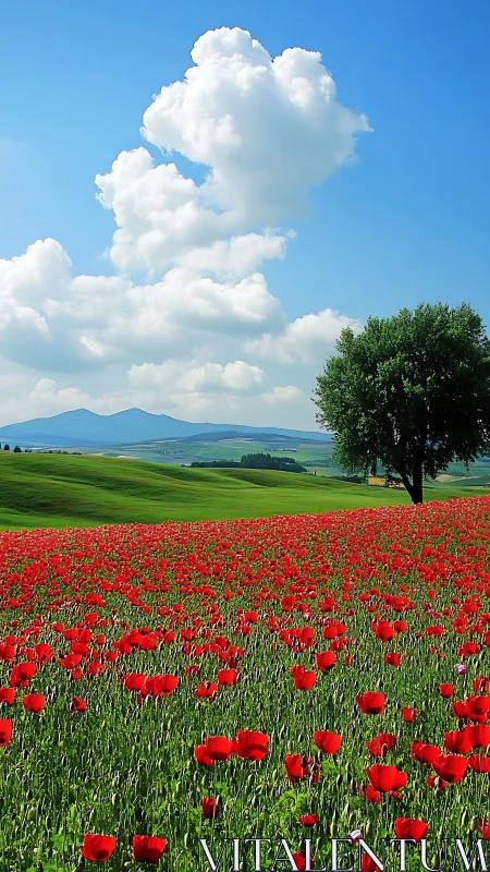 Scarlet poppy meadow under cumulus clouds and distant hills.