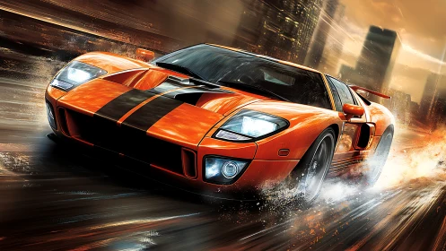 Blazing orange supercar slices through rain-soaked neon streets.