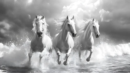 Three white horses run through ocean surf under cloudy sky