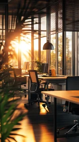 Sunlit contemporary office interior with warm reflective light.
