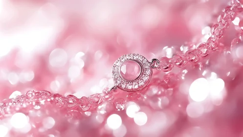 Pink gemstone pendant rests on reflective beaded surface