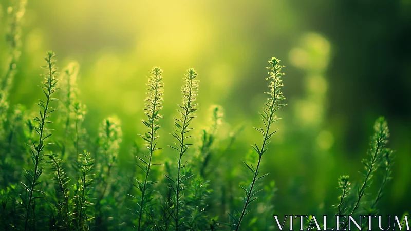 Backlit green foliage with shallow depth of field at sunrise
