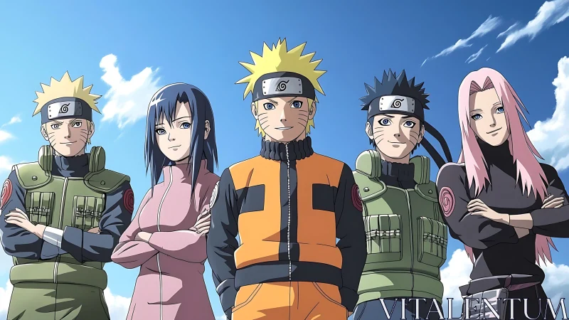 Group of anime ninjas standing together outdoors.