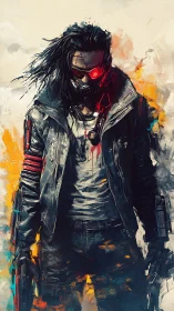 Cybernetic enforcer with red optics in volatile paintfield.