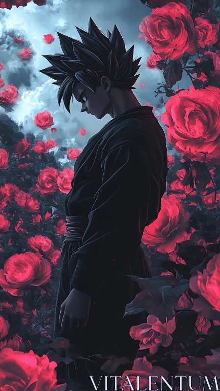 Spiky haired figure in dark robe amid dense red roses.