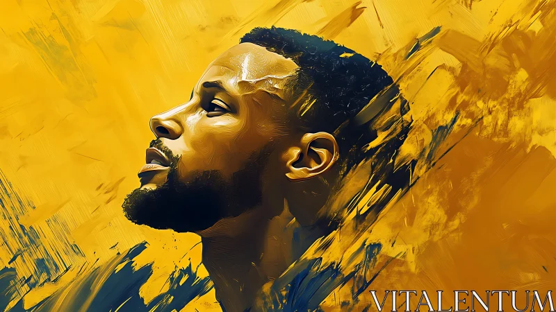 Profile portrait in expressive golden brushstroke abstraction.