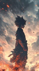 Lone anime warrior rises through storm and consuming fire.