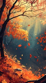 Autumn tree with falling leaves against misty background