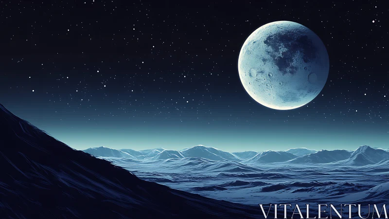 Lunar horizon over frozen ridges in deep cyan gradients.