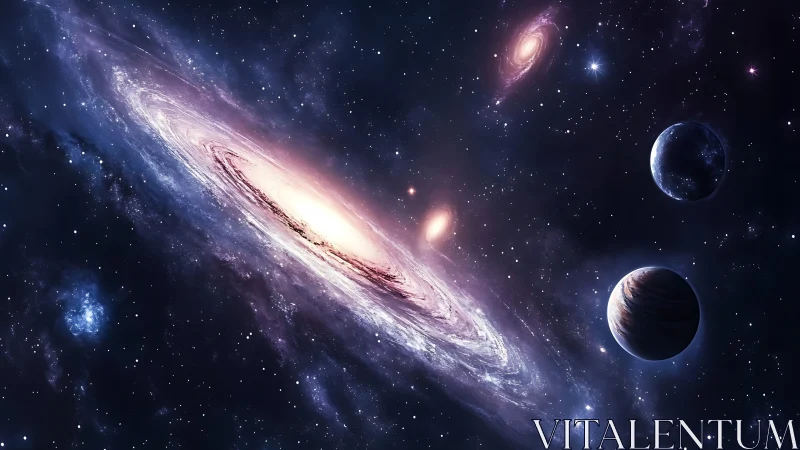 Spiral galaxy and nearby planets in deep star field.