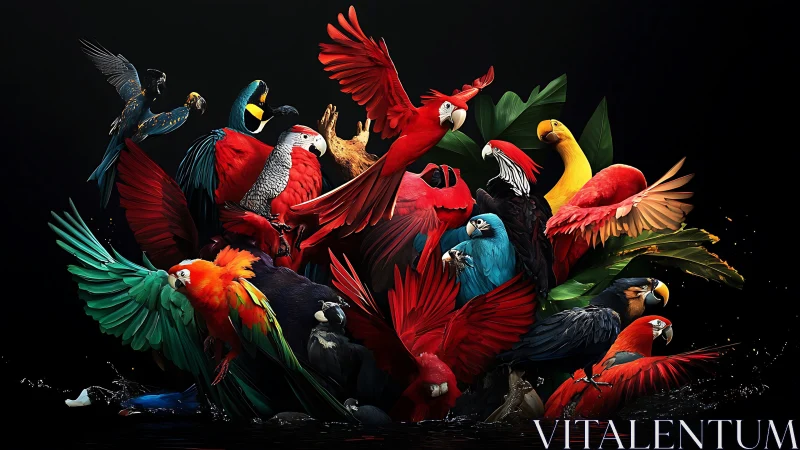 Vibrant Group of Parrots in Dramatic Lighting, Digital Art Style.