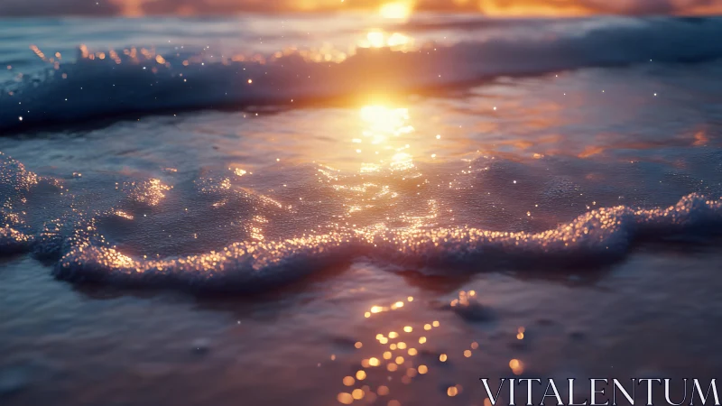 Photorealistic shoreline close-up with luminous sunset surf.
