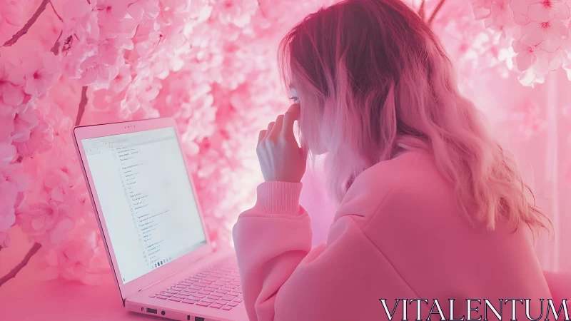 Programmer using white laptop amid saturated pink blossoms