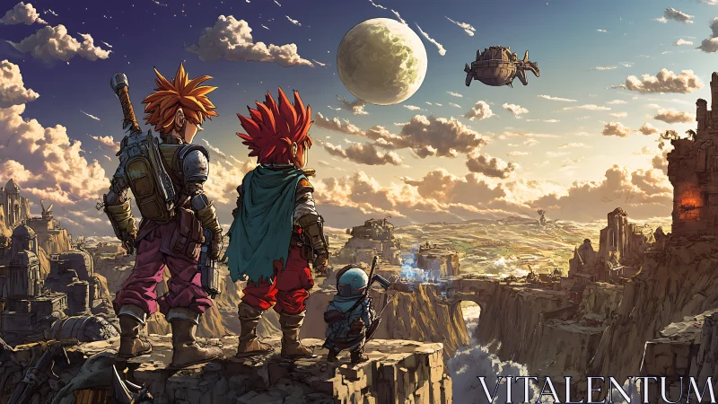 Time-tossed heroes gaze across a crumbling skyward frontier.