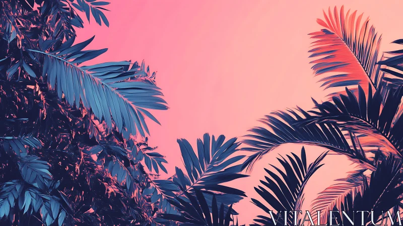 Neon dusk palm canopy in saturated tropical digital painting.
