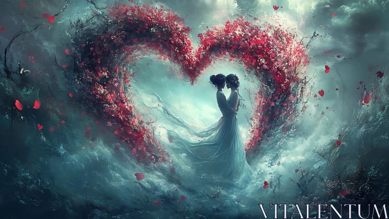 Silhouetted figure within heart-shaped formation of red particles.