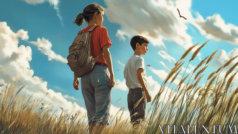 Children in tall grass under cumulus sky with directional backlight