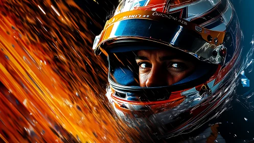 Helmeted racer slicing through molten streaks of speed.