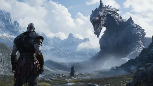 Mountain colossus snarls at lone warriors in frozen hush.