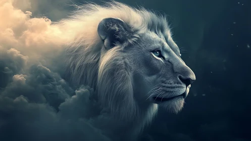 Cloud-born white lion sails through stormlit midnight sky