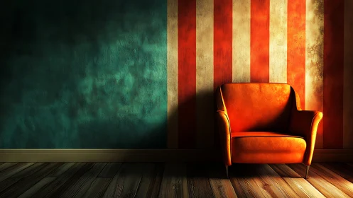 Retro armchair under directional lighting defines textured striped wall