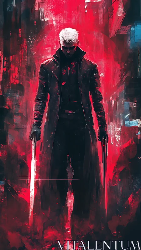 White haired cyber assassin with dual katanas in red vortex