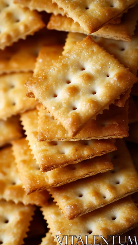 Stacked saltine crackers with perforations and golden-brown surface.