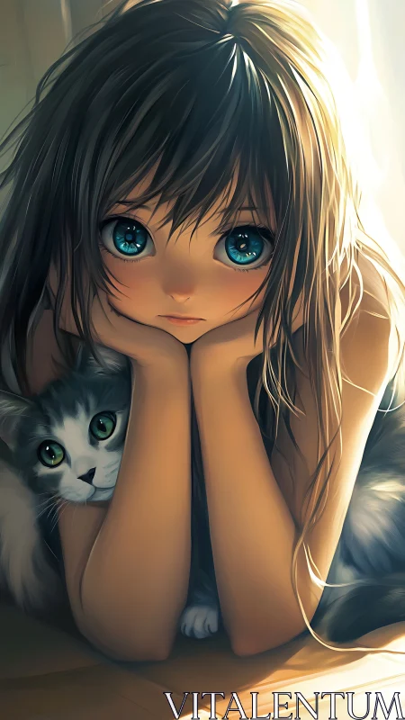 Girl with luminous teal eyes and cat in soft light