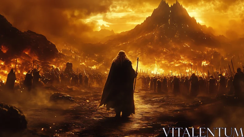 Lone wanderer facing a blazing mountain of gathering armies.