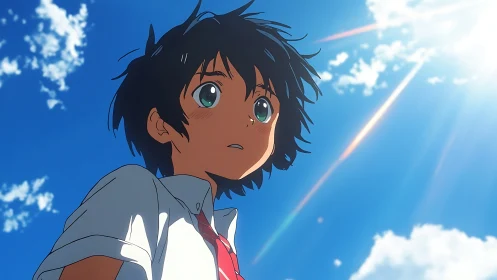 Anime boy under radiant sky with streaking meteor trails.