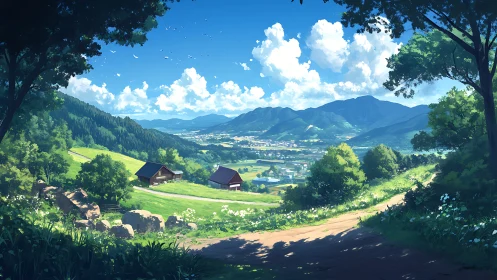 Sunlit valley path and cozy farm cottages in summer calm.