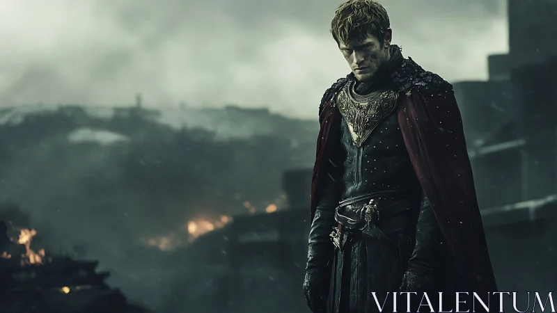 Armored figure in red cloak before burning war ruins.