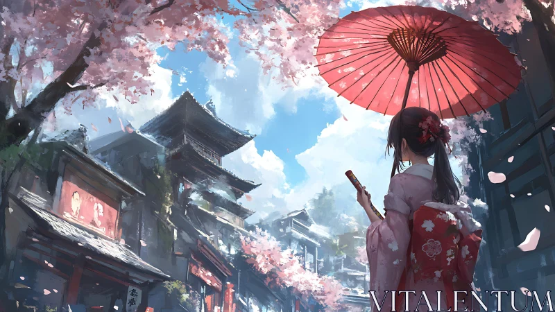 Girl with red umbrella in cherry blossom street scene.