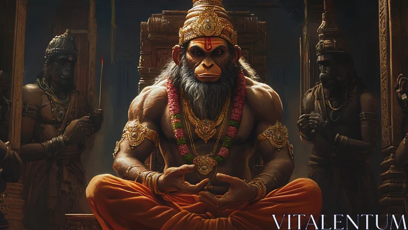 Seated monkey deity in ornate temple interior holds meditation